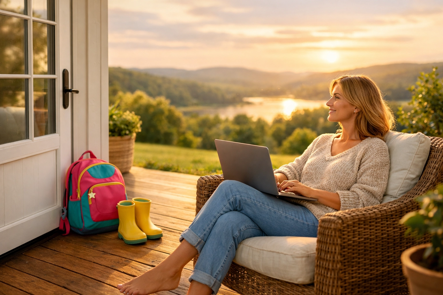 A travel advisor working from her scenic porch, symbolizing the flexibility of designing your own career in travel.