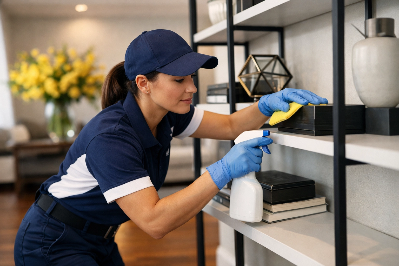Professional cleaner performing detailed weekly house cleaning Westford in a modern living room.