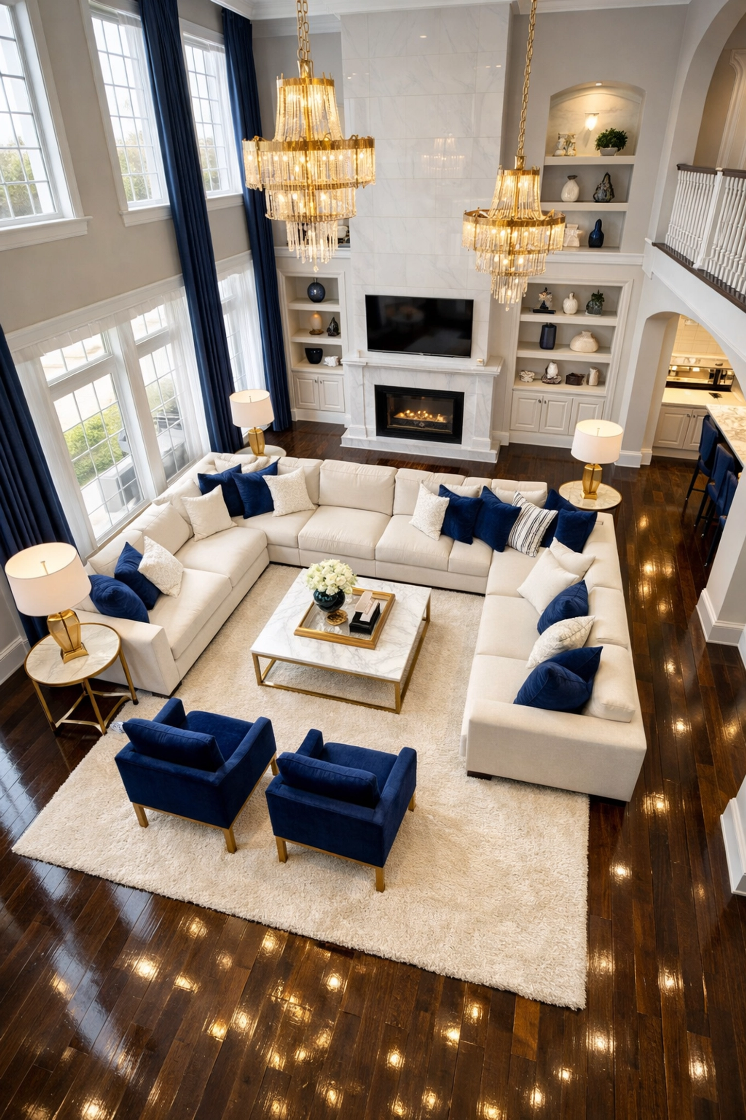A guest-ready Dover living room with polished floors after a professional residential cleaning Massachusetts.