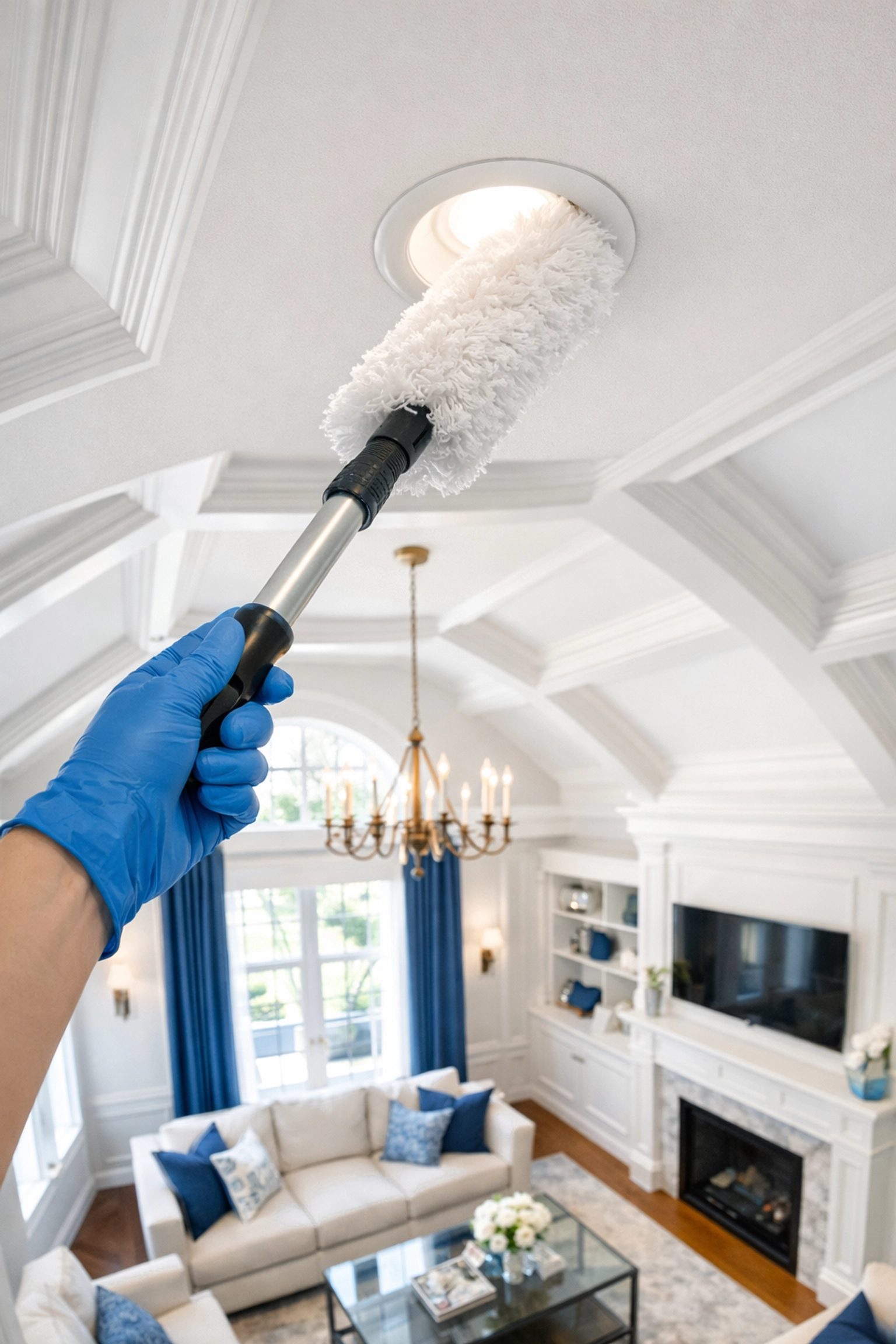 Expert cleaning of crown molding and recessed lighting in a renovated Framingham home using top-down techniques.