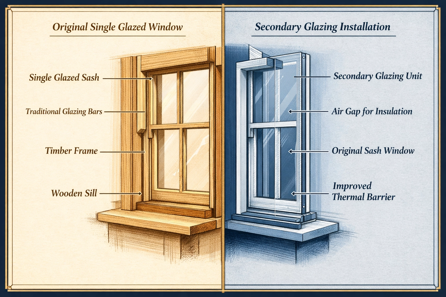 Secondary glazing installation diagram showing thermal barrier in Georgian sash window for listed buildings