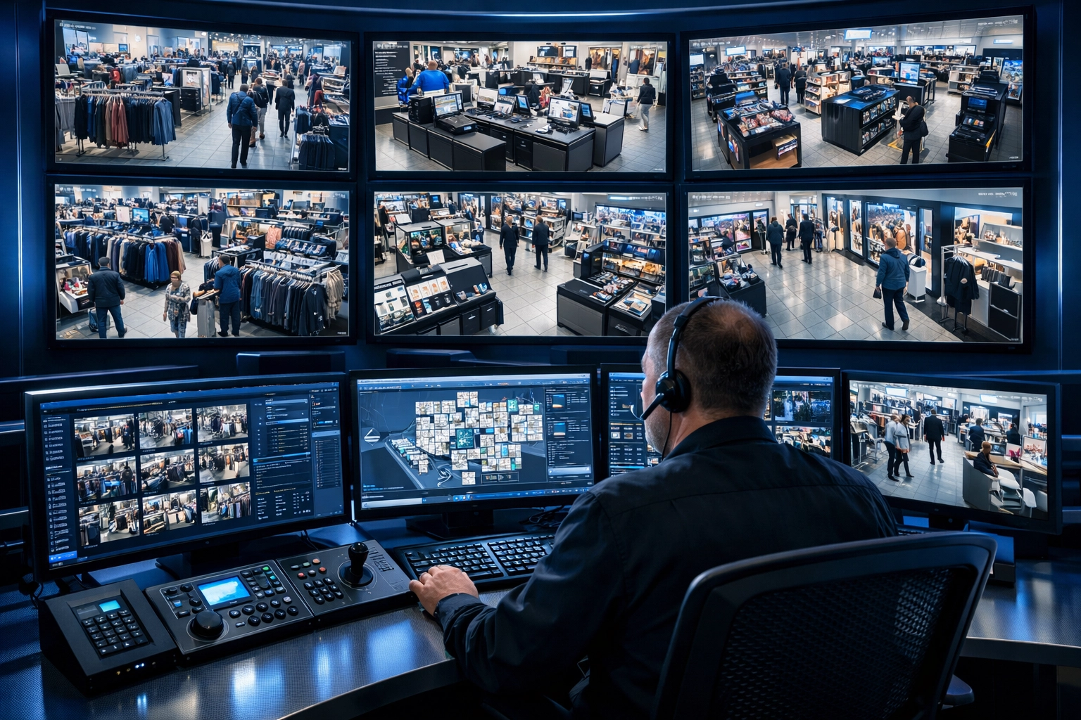 Security professional monitoring live retail surveillance feeds at operations center