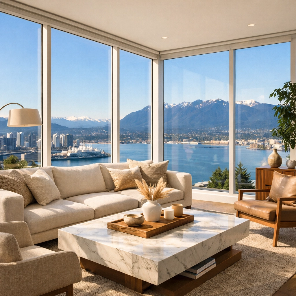 Luxurious Vancouver Airbnb rental living room with views of North Shore mountains and Burrard Inlet.