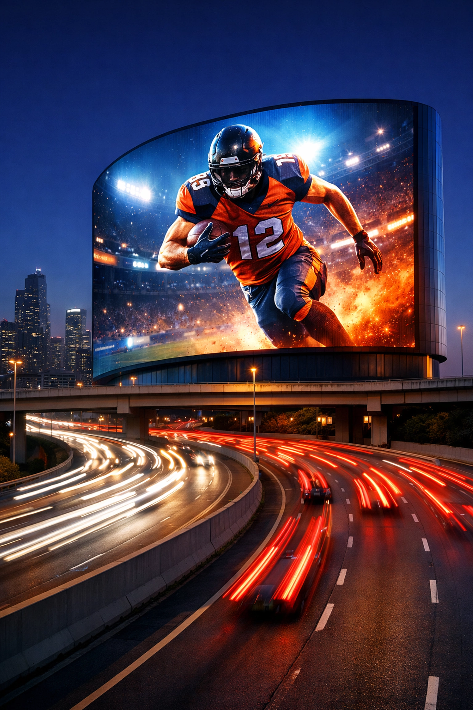 Large digital billboard displaying a football player near a busy highway interchange at sunset.