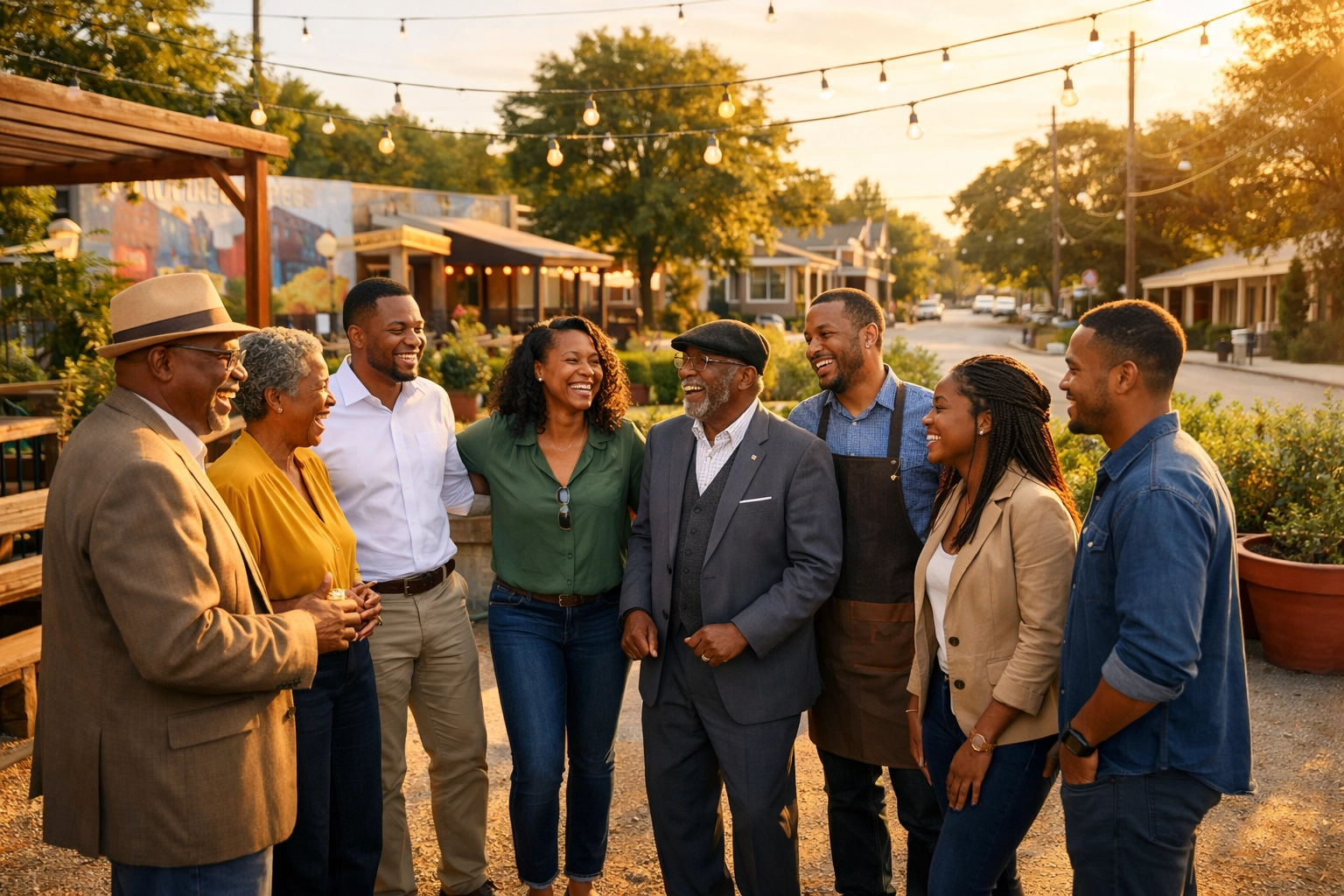 Local business owners and church leaders collaborating in a vibrant neighborhood to build a closed-loop economy.