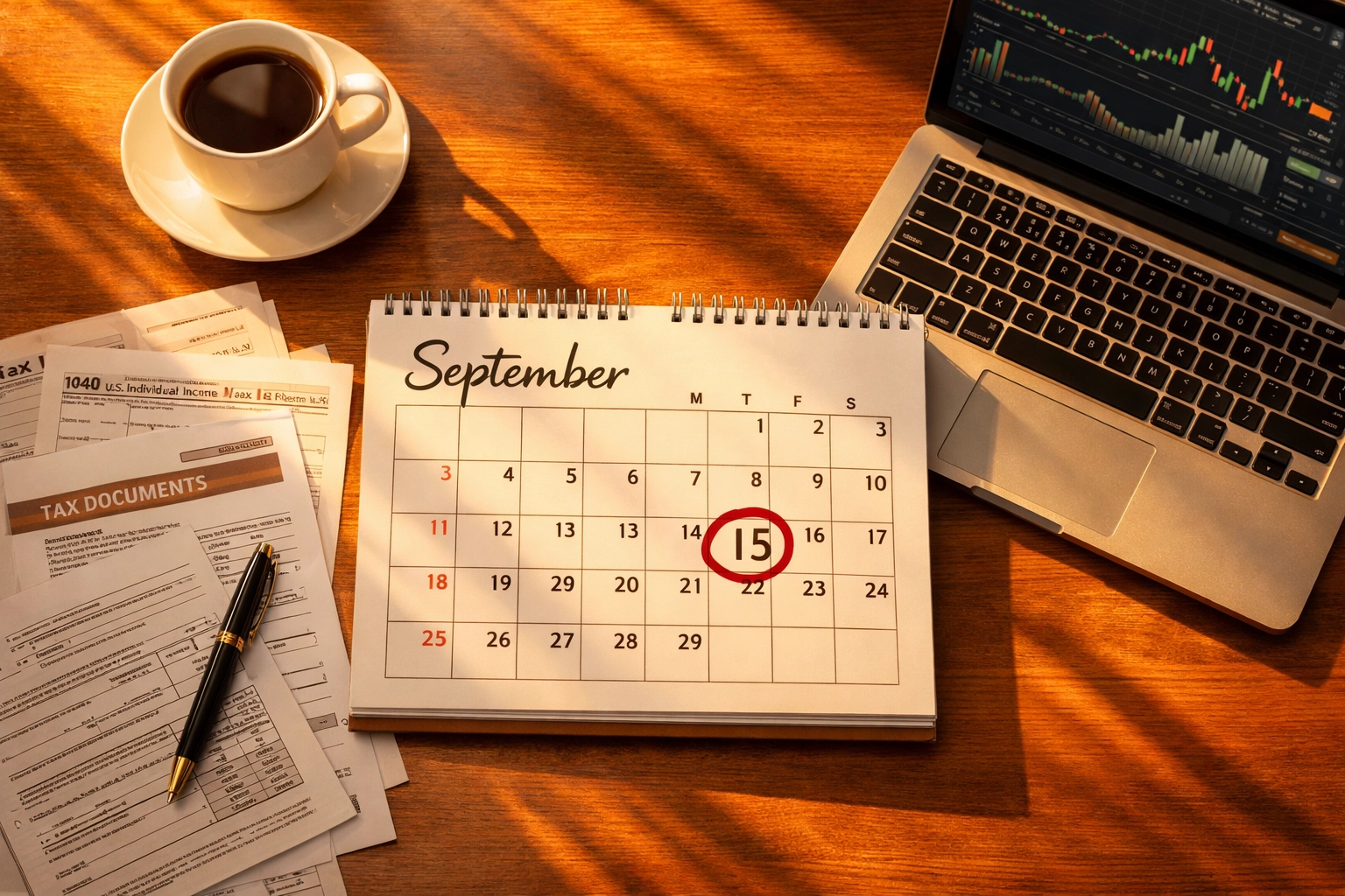 September 15 S-Corp tax extension deadline circled on calendar with financial documents