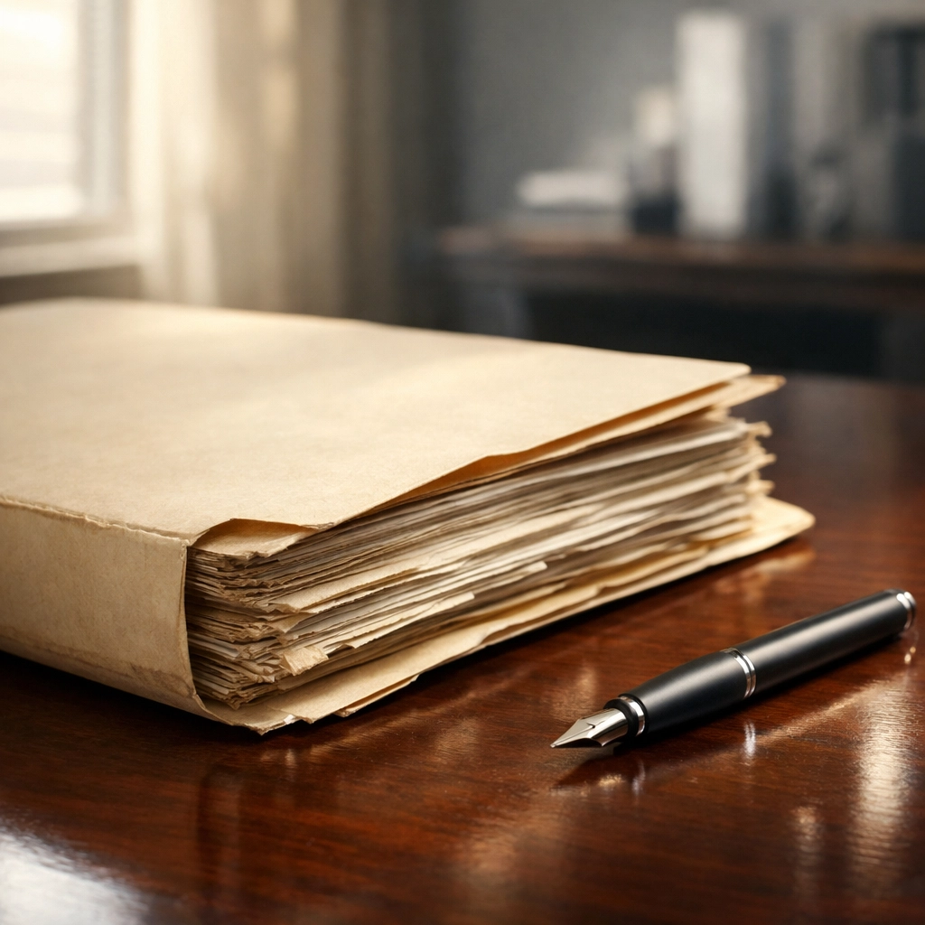 A legal folder with documents on a desk, symbolizing the investigation of old zombie mortgage liens.