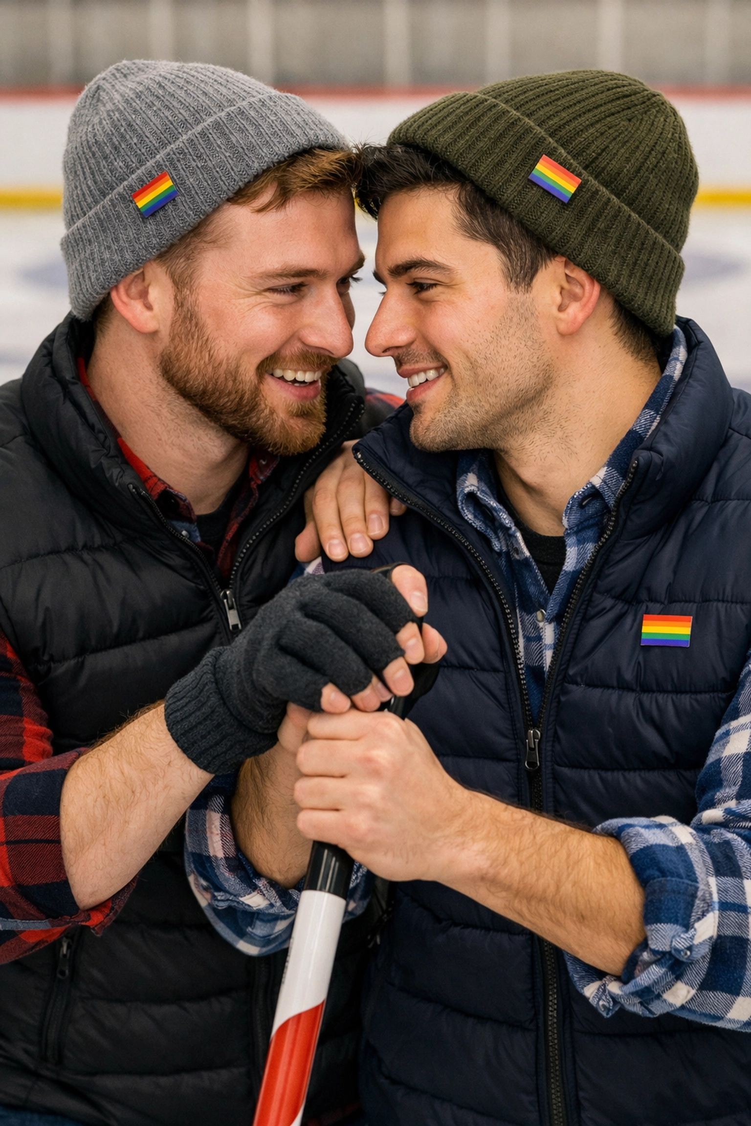 Two men in winter fashion flirting while holding a curling broom at an ice rink.