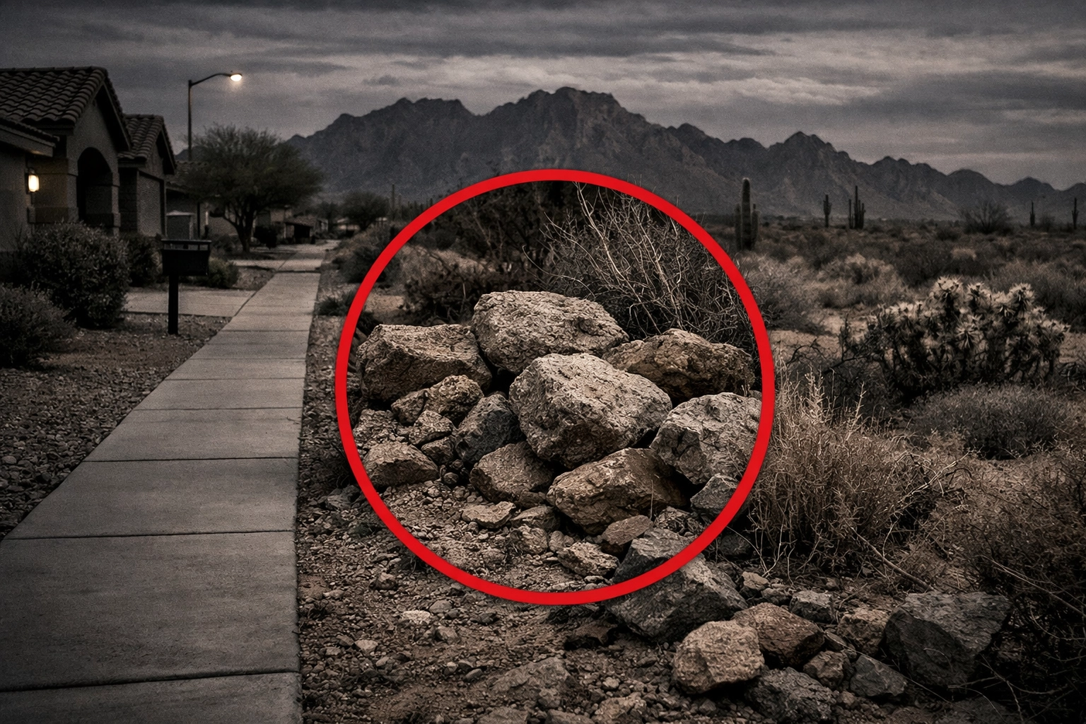 A desert rock pile near a Coolidge home in 85128, a common hiding spot for Arizona scorpions.