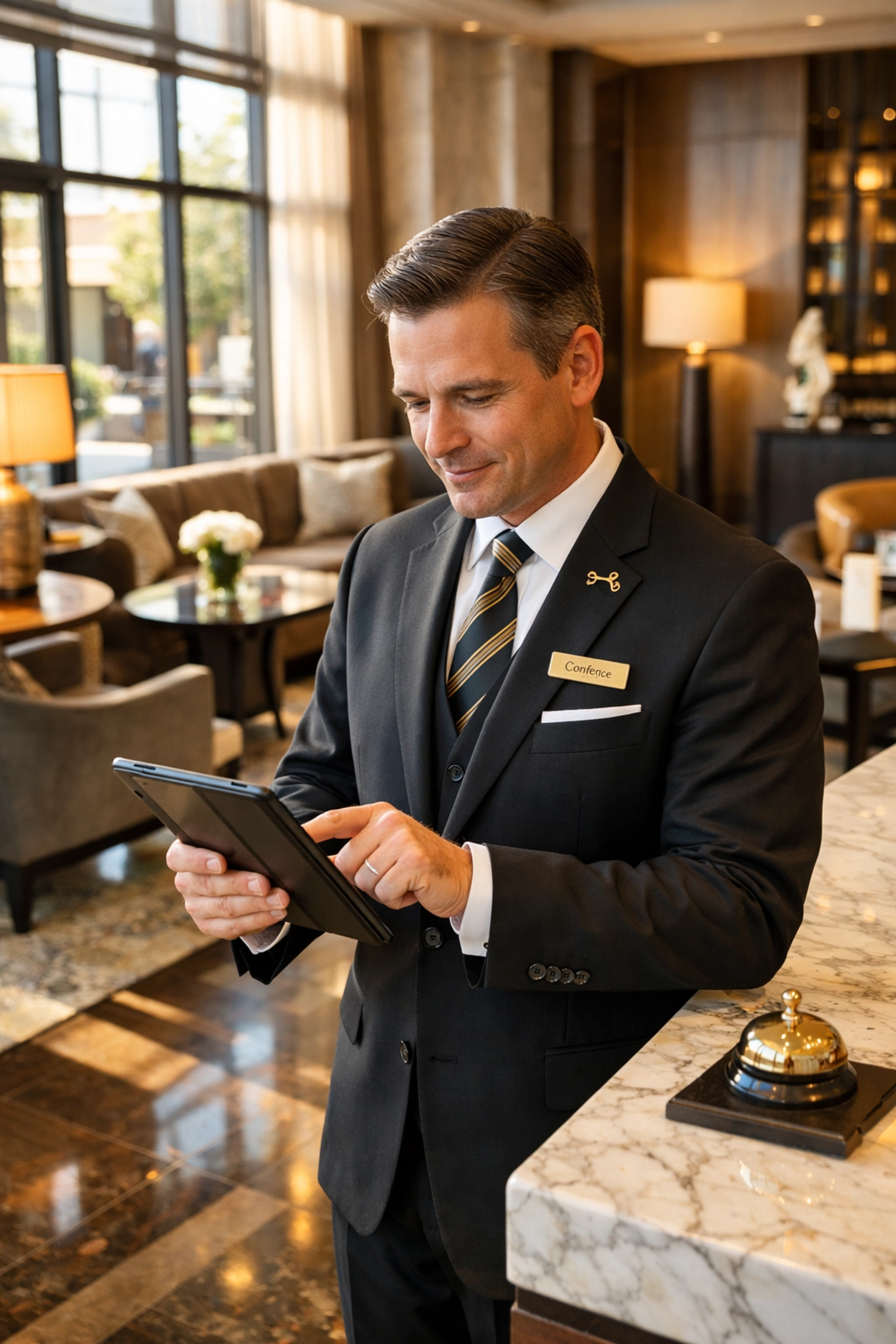 VIP concierge professional coordinating personalized executive travel services in luxury hotel lobby