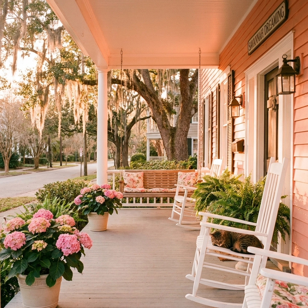 Inviting front porch of a Southern cottage in Savannah with rocking chairs and lush greenery at sunset