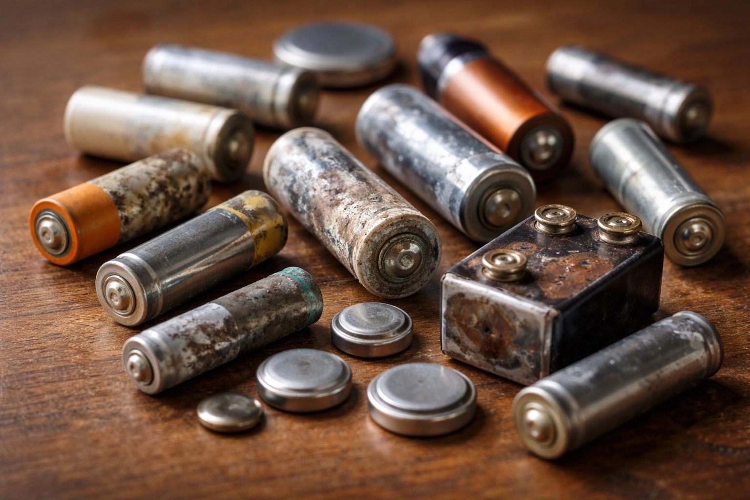 Close-up of mixed used household batteries ready for safe recycling, emphasizing correct e-waste handling for Northamptonshire homes.