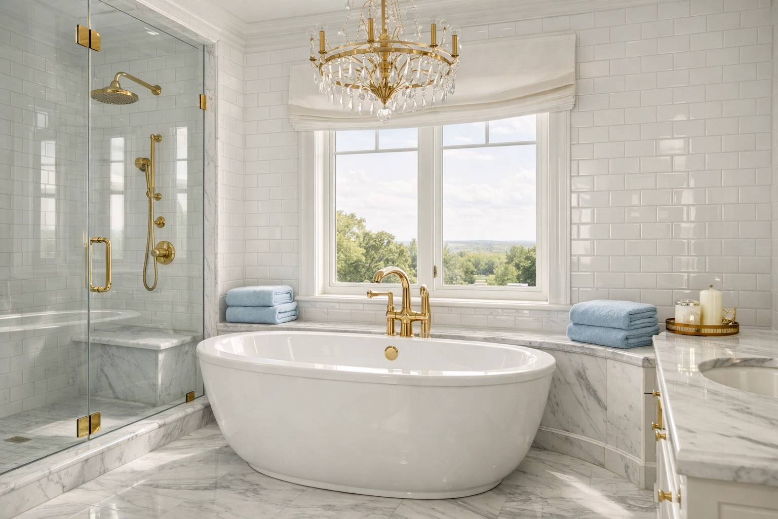 Luxury house cleaning Wellesley MA bathroom featuring a spotless soaking tub and deep cleaned brass fixtures.