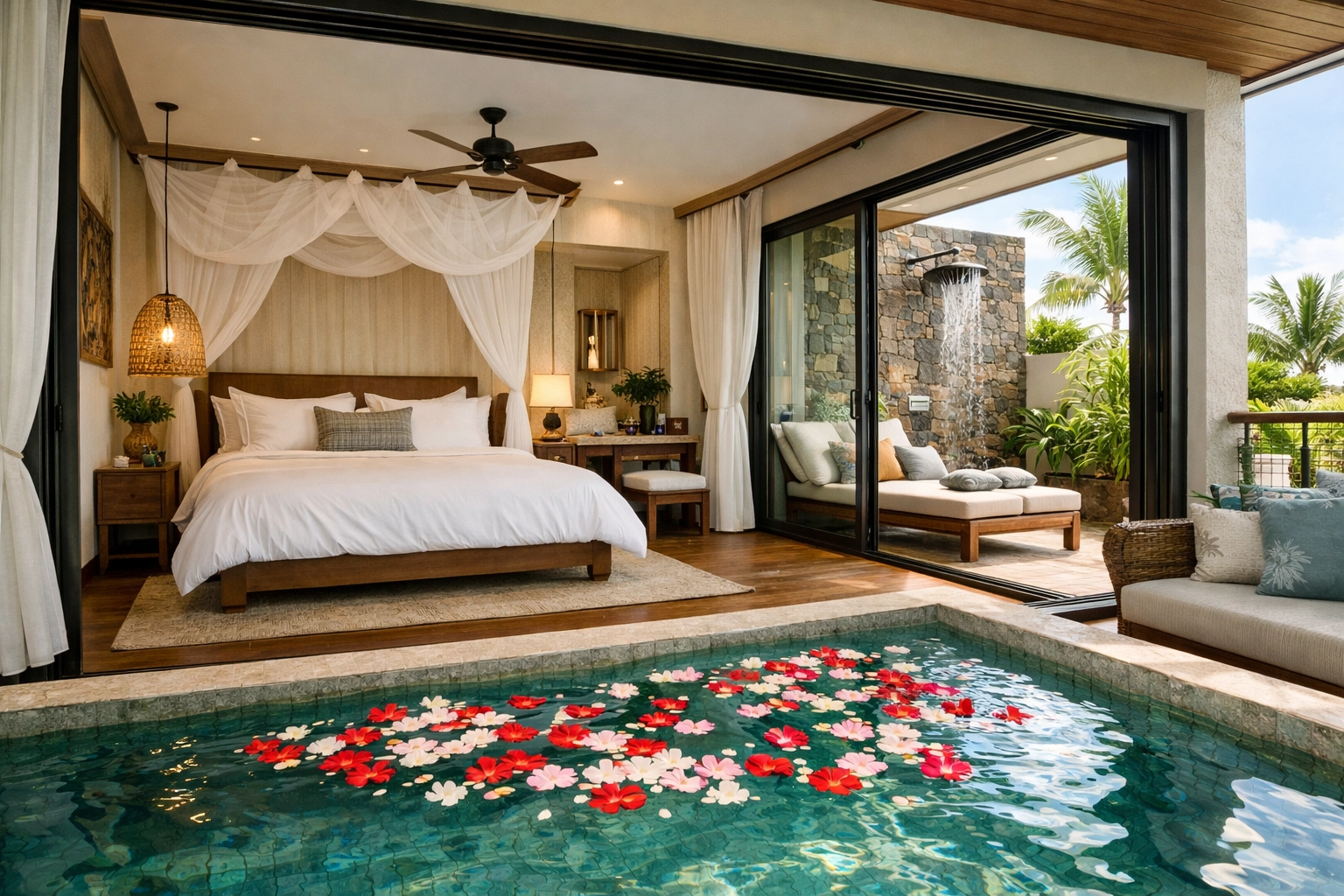 Luxury honeymoon suite with swim-up pool access at all-inclusive adults-only resort