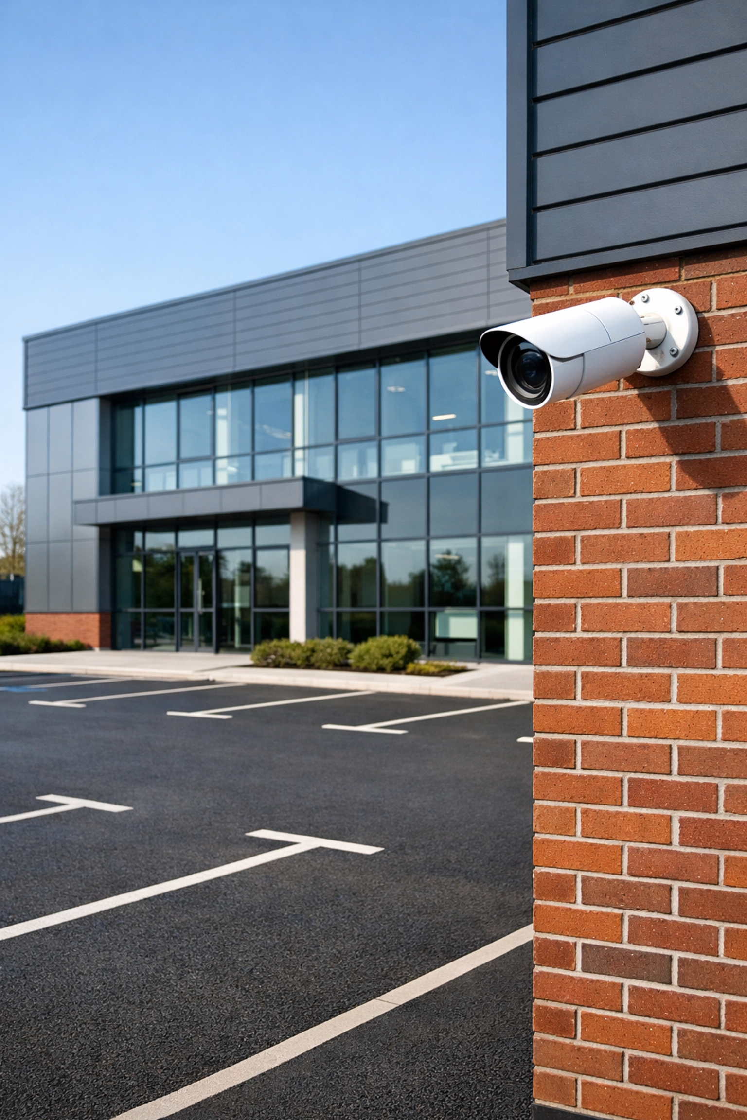 Professional commercial CCTV installation in Filton on a modern business building overlooking the car park.