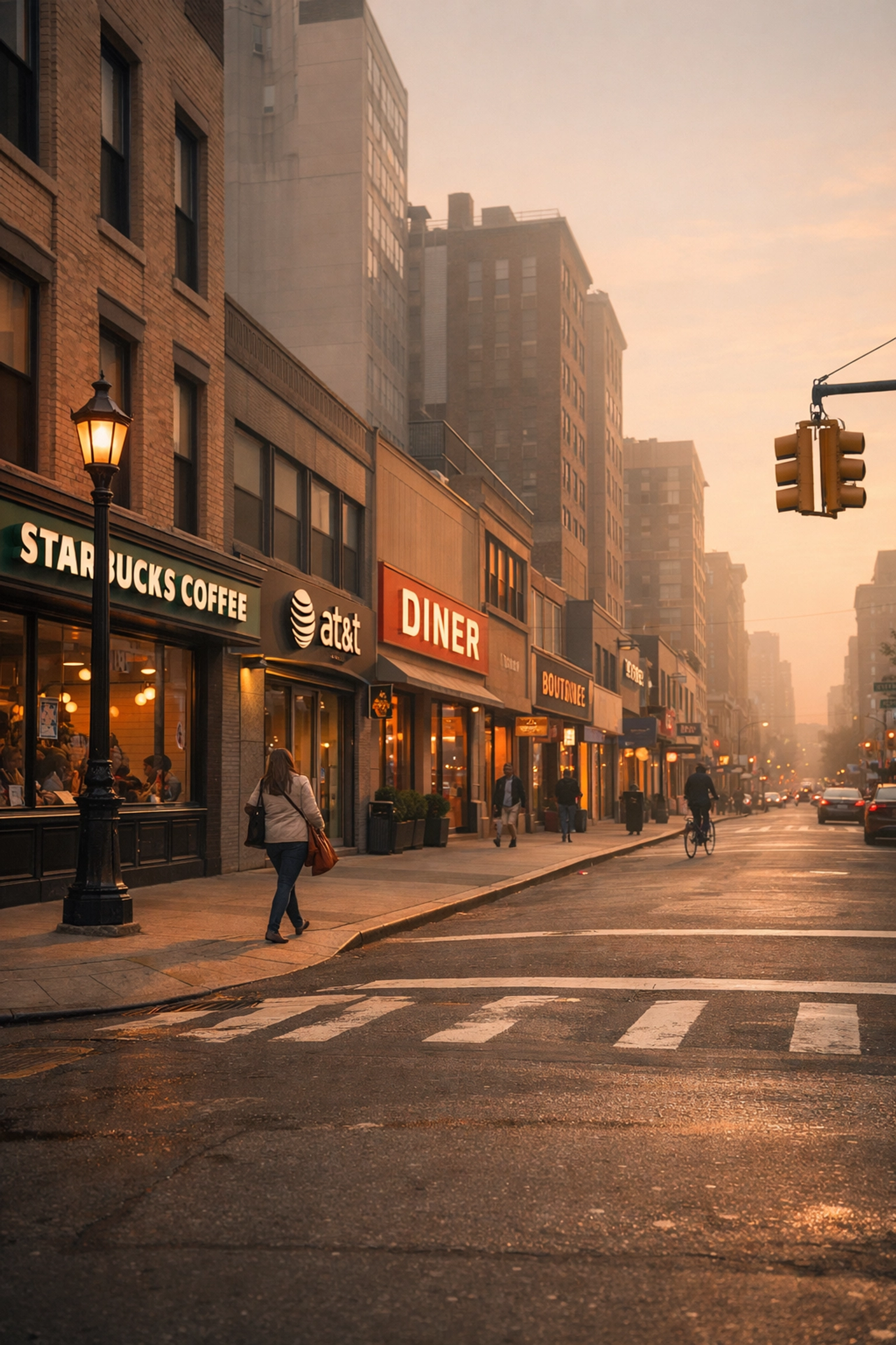 Urban street corner with multiple businesses competing for local search visibility