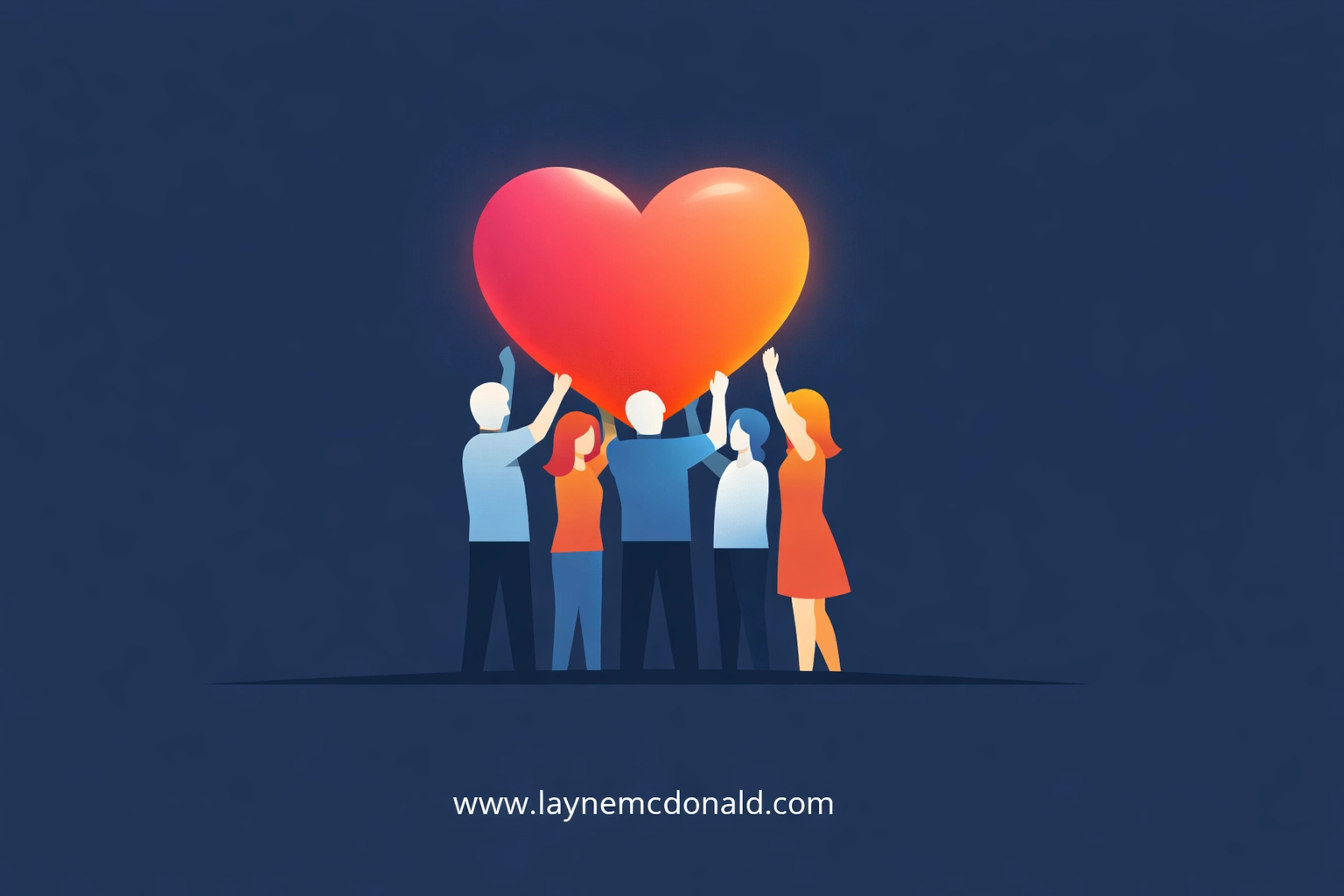 Stylized figures holding a glowing heart, depicting unity through shared mission and community service.