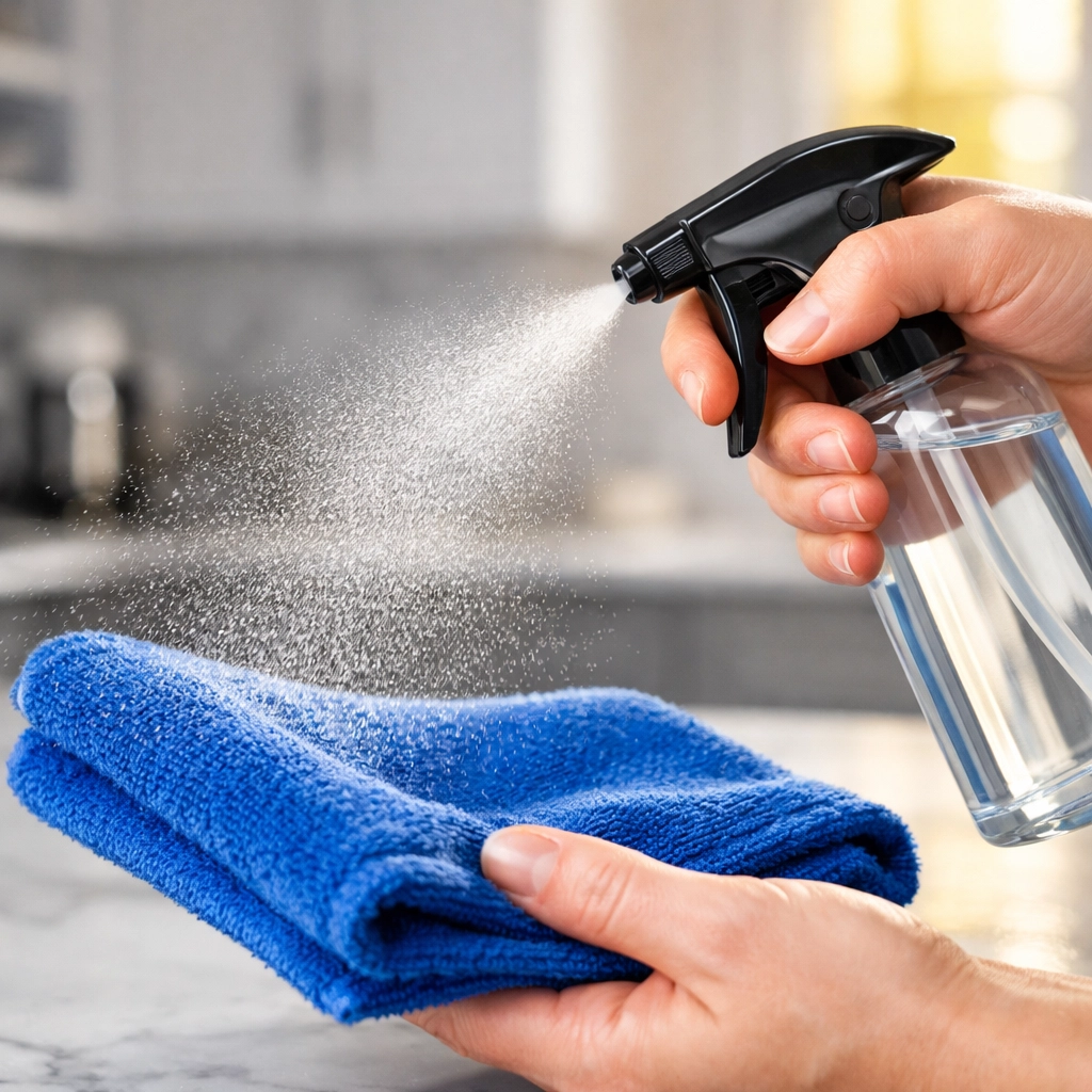 Professional house cleaning Lowell MA tip of spraying solution on a microfiber cloth to protect surfaces.