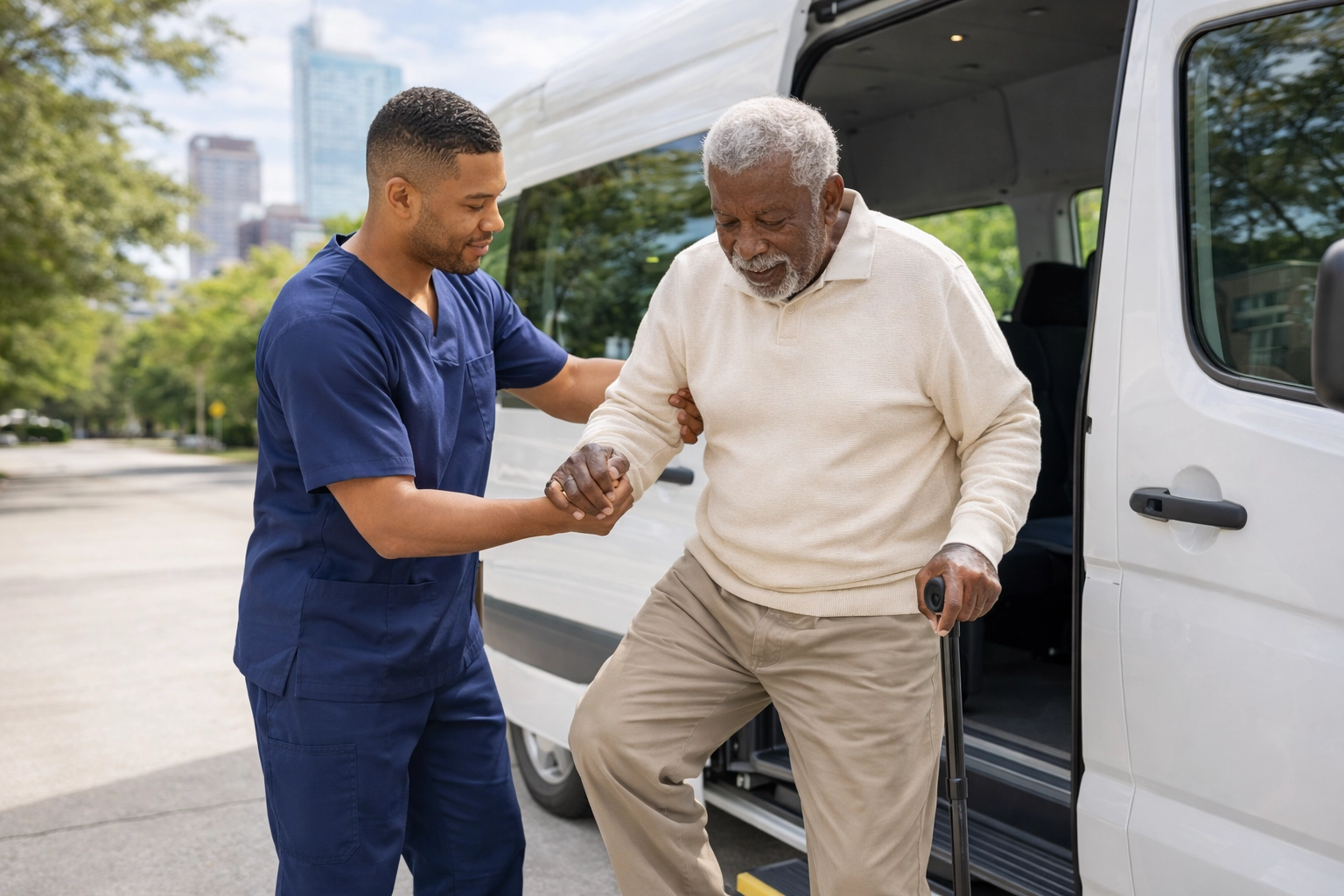 A caring medical transportation assistant helping a senior man safely to his vehicle in Raleigh NC.
