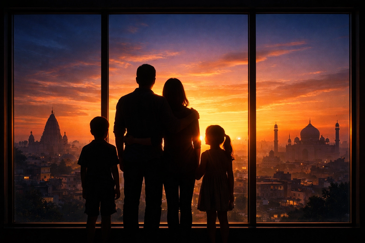 Silhouette of an Indian family looking at a sunrise, representing hope and religious liberty.
