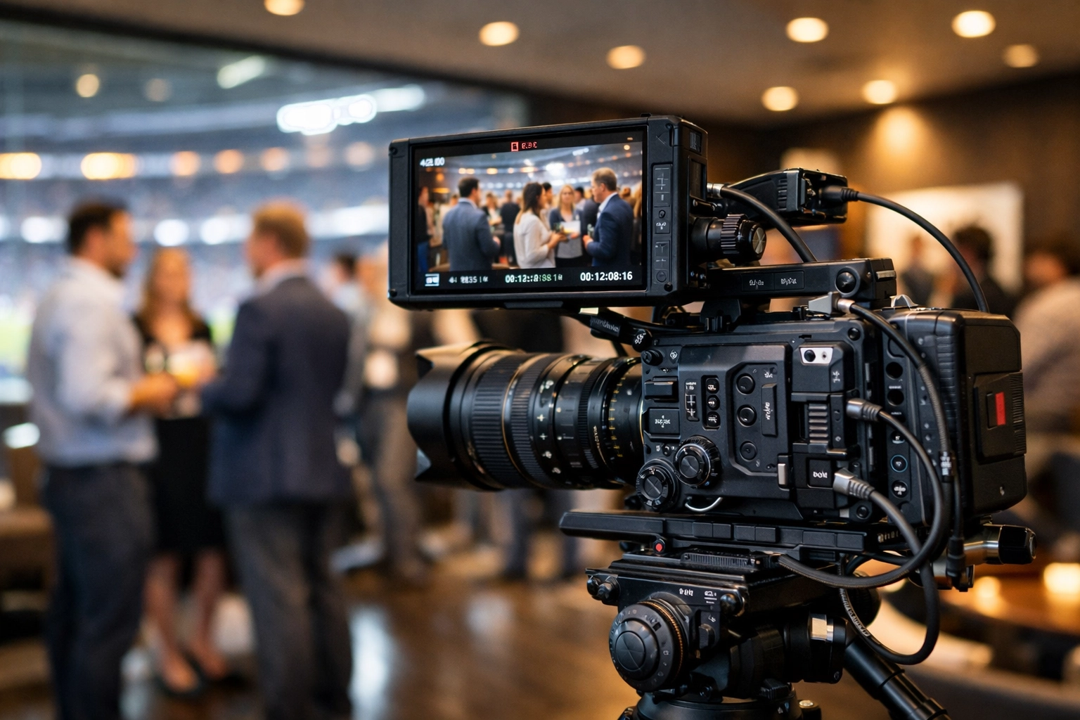Professional camera capturing a corporate event to maximize brand ROI through high-quality multimedia content.