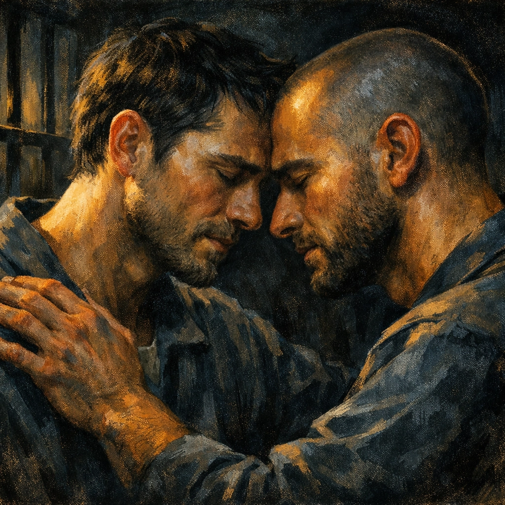Two men sharing an intimate moment of emotional connection and love behind bars