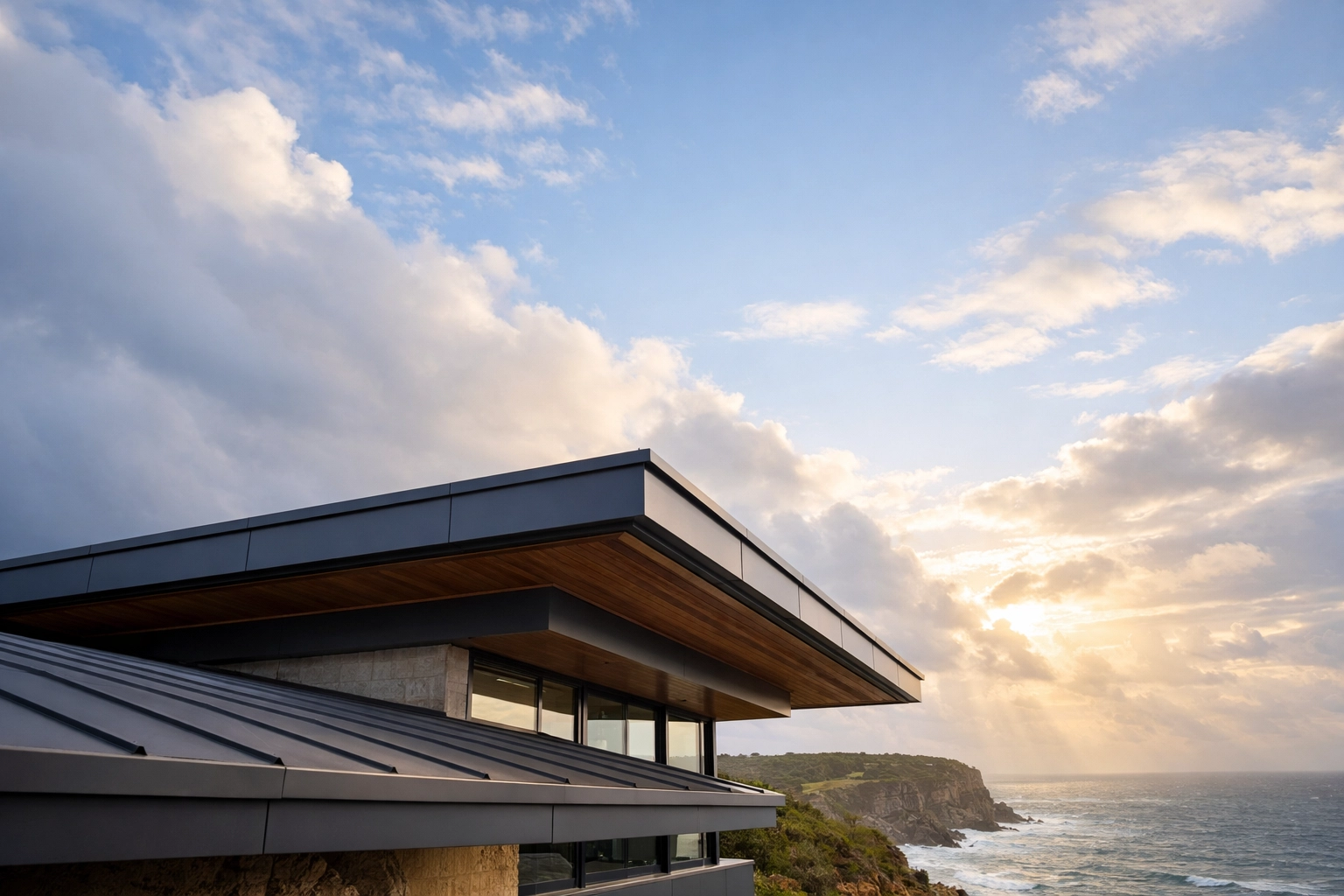 Secure metal roofing on a coastal Northern Beaches home designed to withstand high winds and storms.