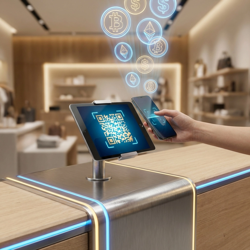 A small business retail counter with a tablet QR code and phone, highlighting Larecoin's contactless crypto POS system.