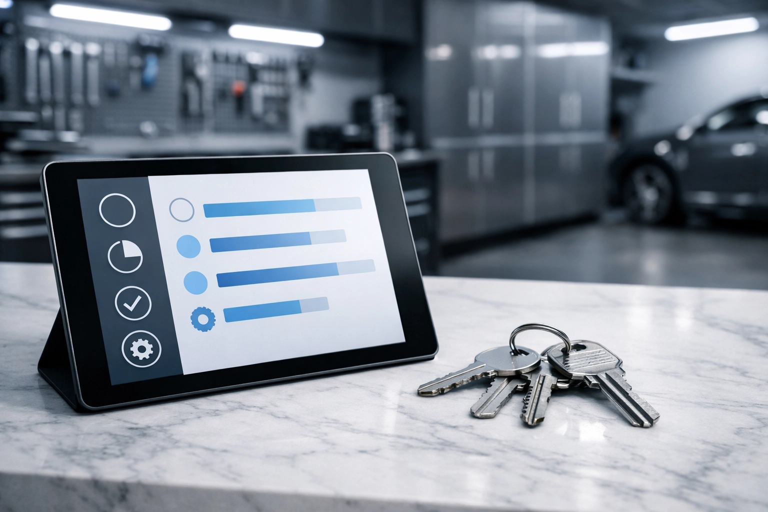 A digital tablet and keys symbolizing systematized operations for an Alabama home service business exit.