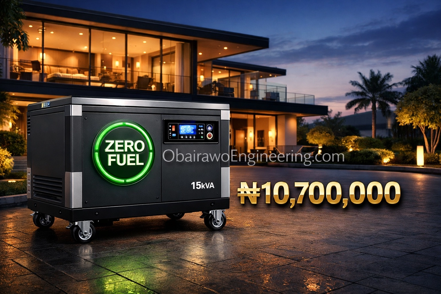 Obairawo 15kVA industrial fuelless generator outside an office building, zero fuel power for ₦10.7M.