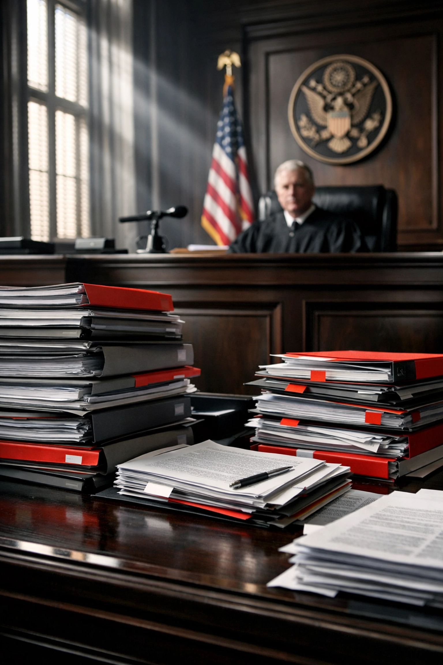 Federal judge's bench with MDL case files showing multidistrict litigation complexity