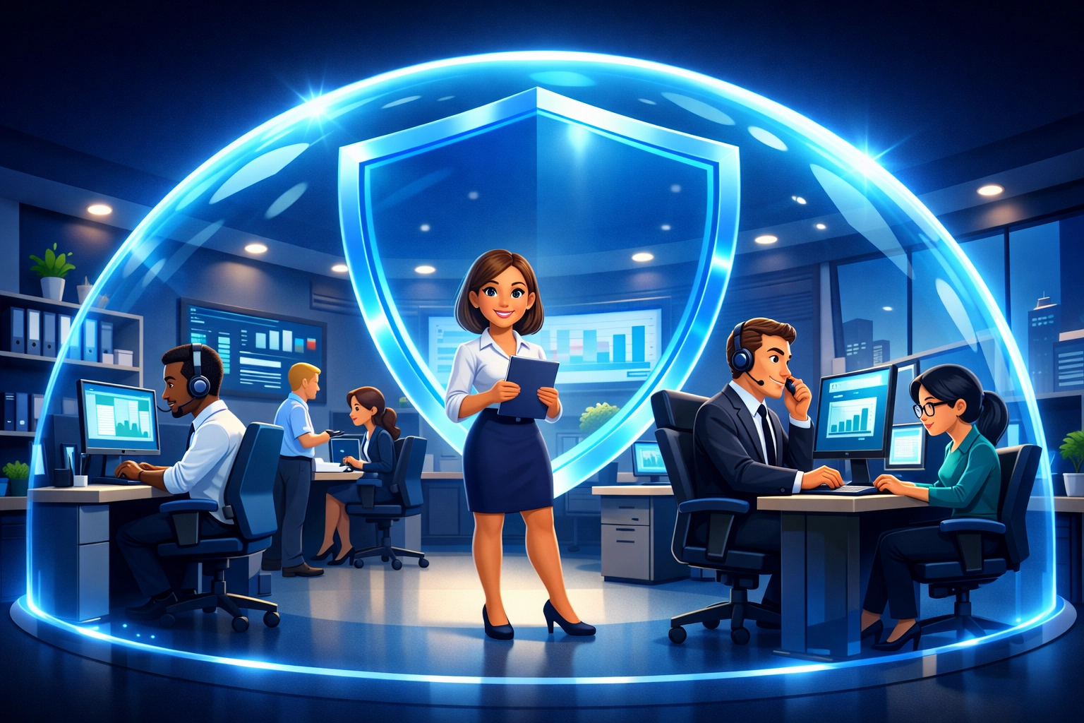 Small business employees in an office protected by a blue shield representing general liability insurance.