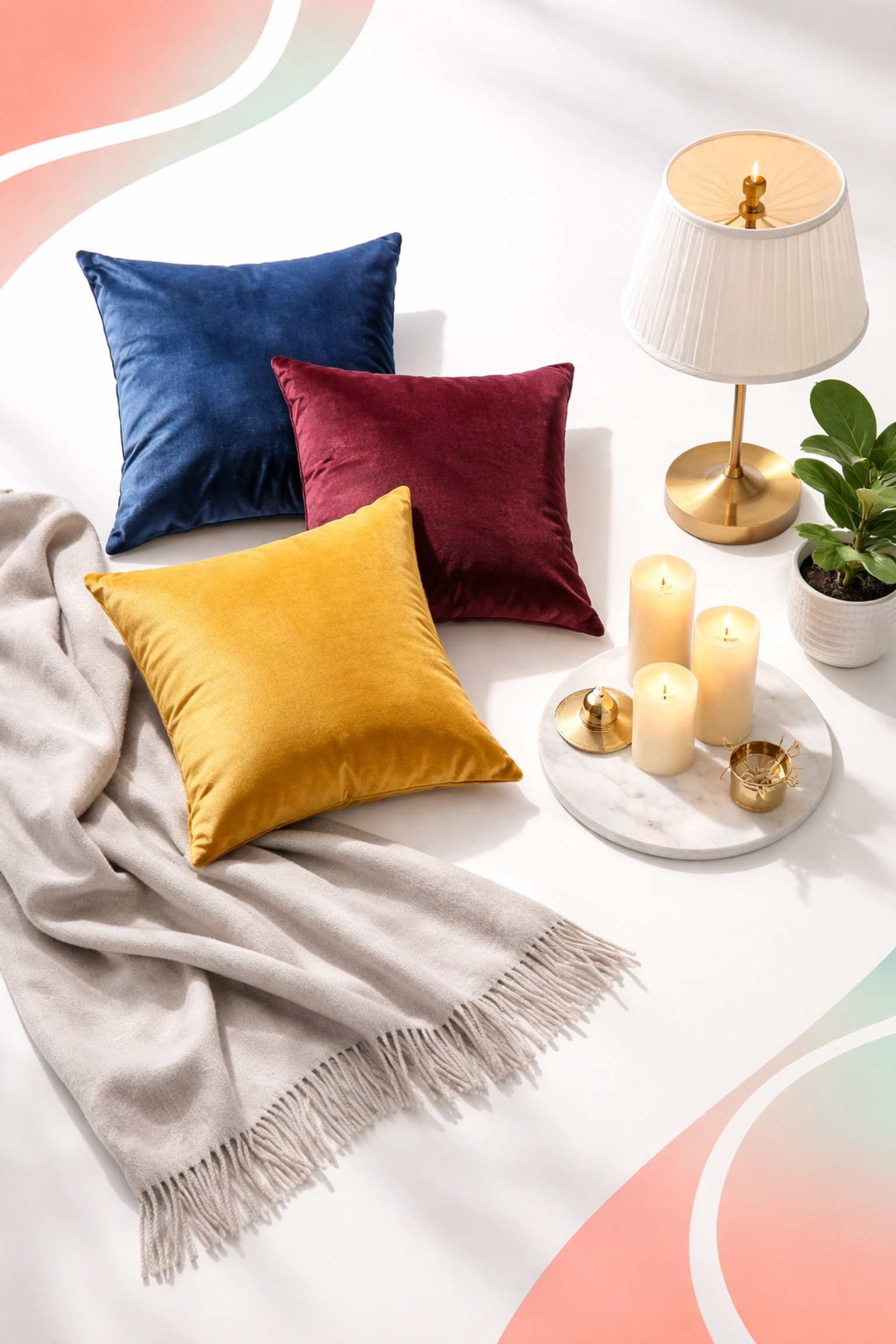 Flat lay of event lounge decor elements like velvet pillows, cashmere throw, brass lamp, candles, and greenery