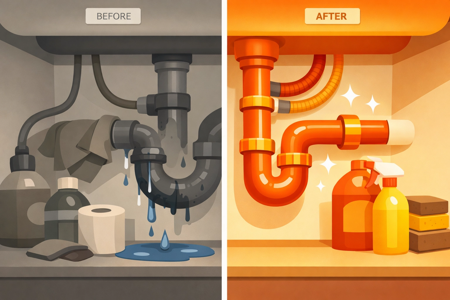 A before and after photo app showing a professional plumbing repair and quality craftsmanship.