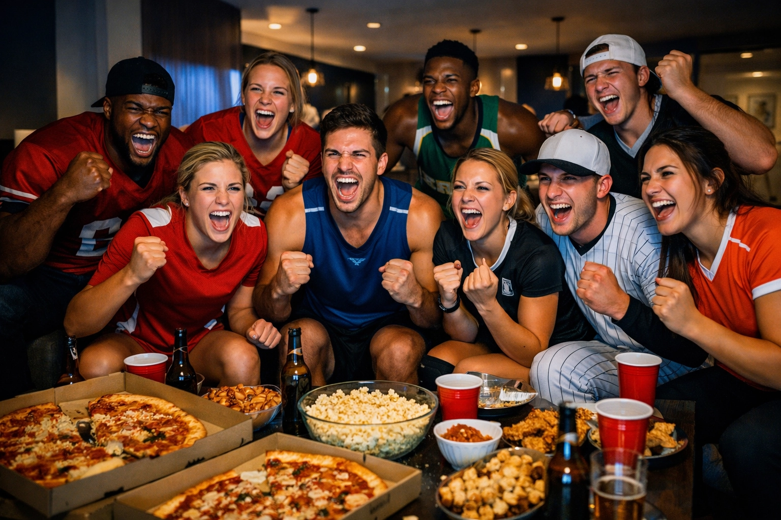 Athletes watching Super Bowl together at watch party for NIL campaign activation