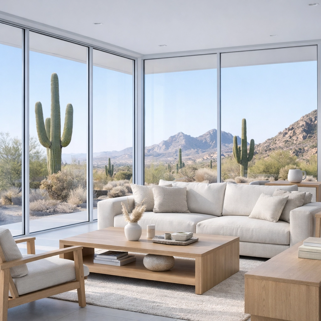 Modern Scottsdale living room with energy-efficient windows providing a cool sanctuary from the desert heat.