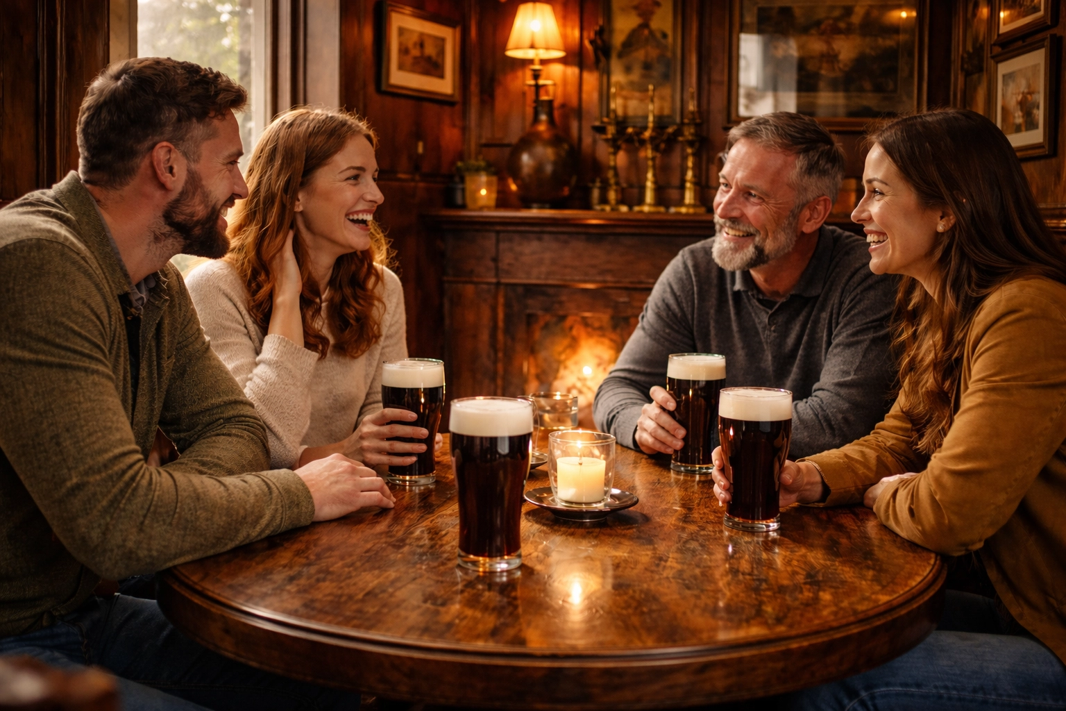 Authentic, lived-in traditional Irish bar snug with weathered wood, warm lighting, and friends sharing pints