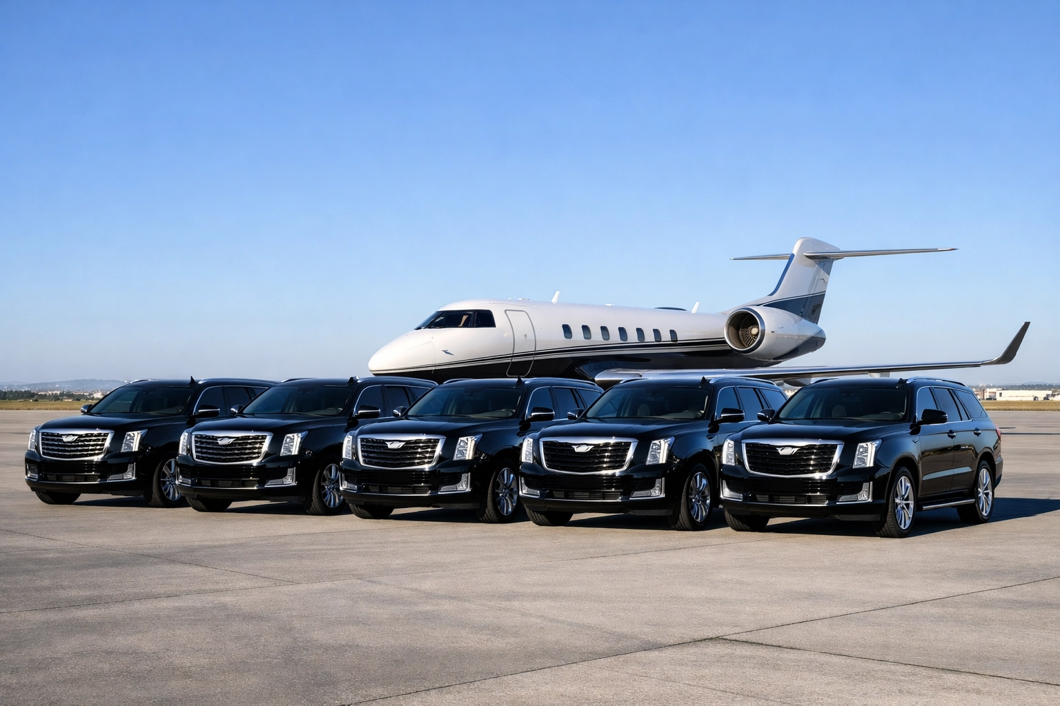 Luxury black SUVs and a private jet ready for Super Bowl VIP executive transportation and travel.