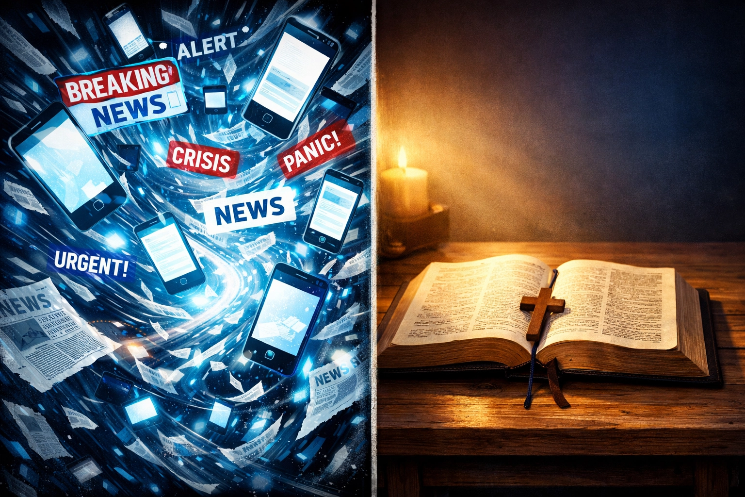Bible with soft light contrasted against chaotic news alerts showing peace versus anxiety