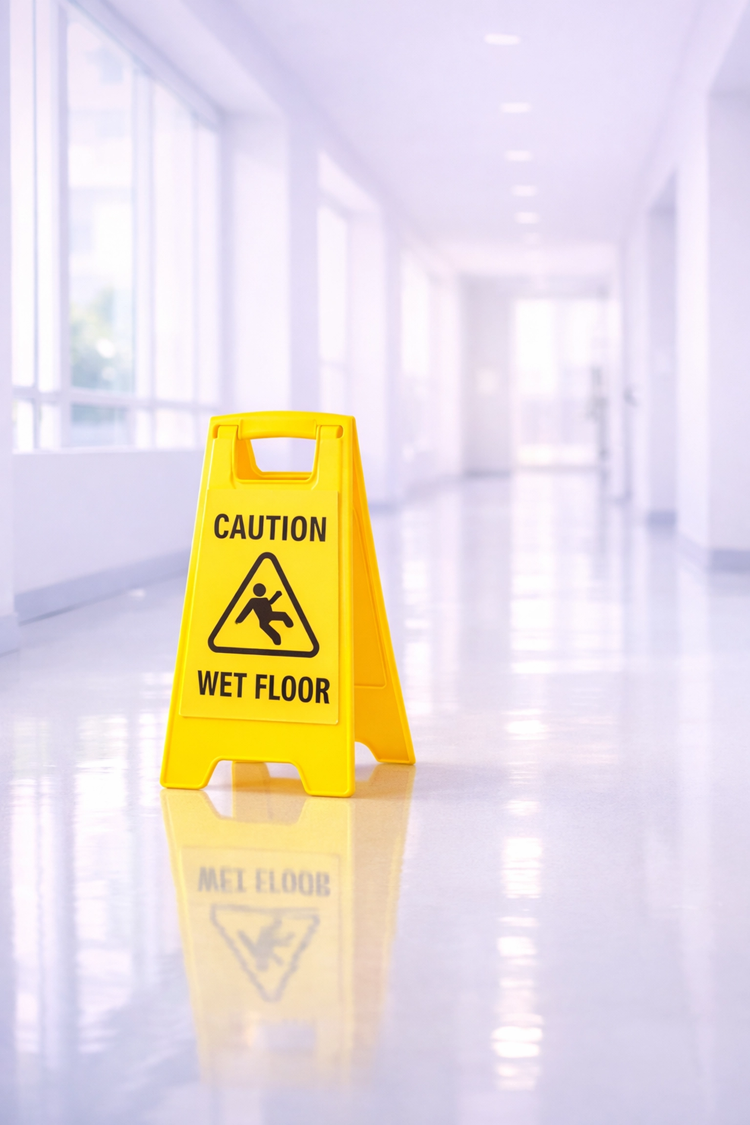 Shiny commercial hallway with a yellow safety sign showing professional floor maintenance.