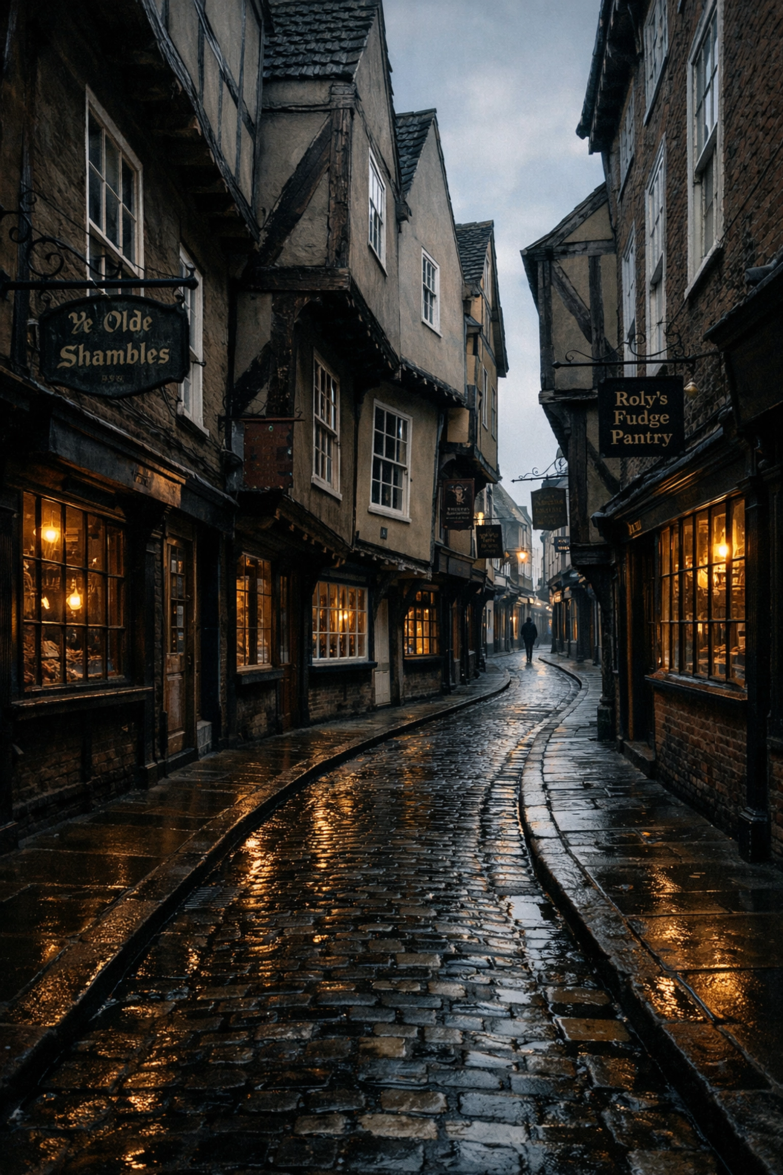 Historic timber-framed buildings along the narrow cobblestone street of The Shambles in York.