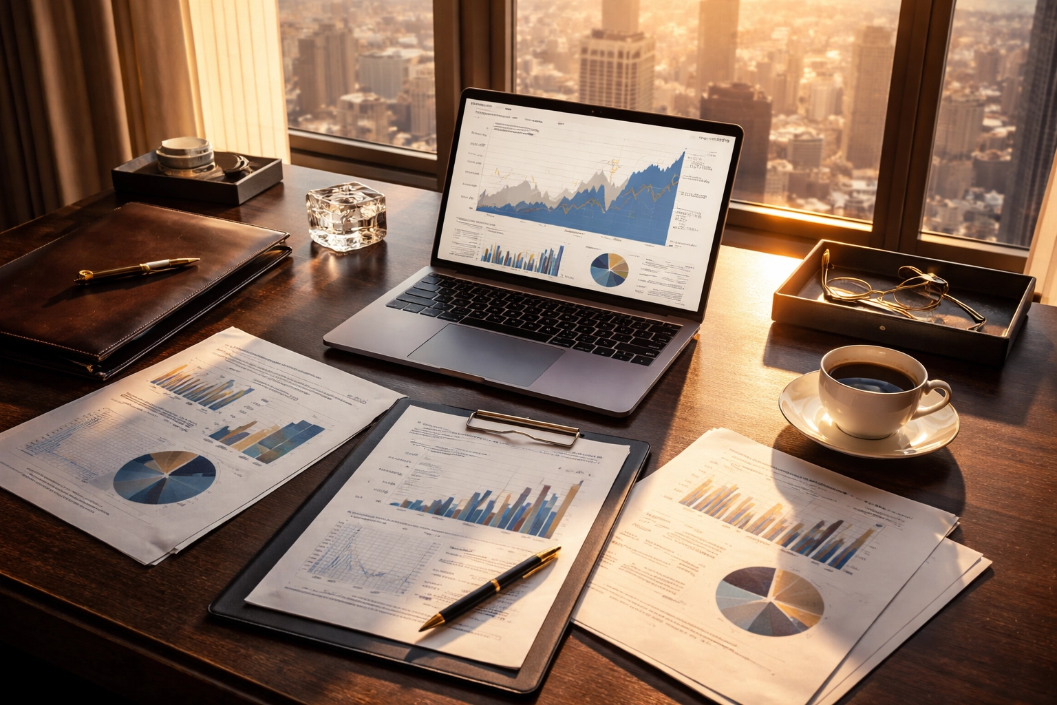 Investor's desk with portfolio charts and financial documents highlights strategic 40/30/30 investment planning.