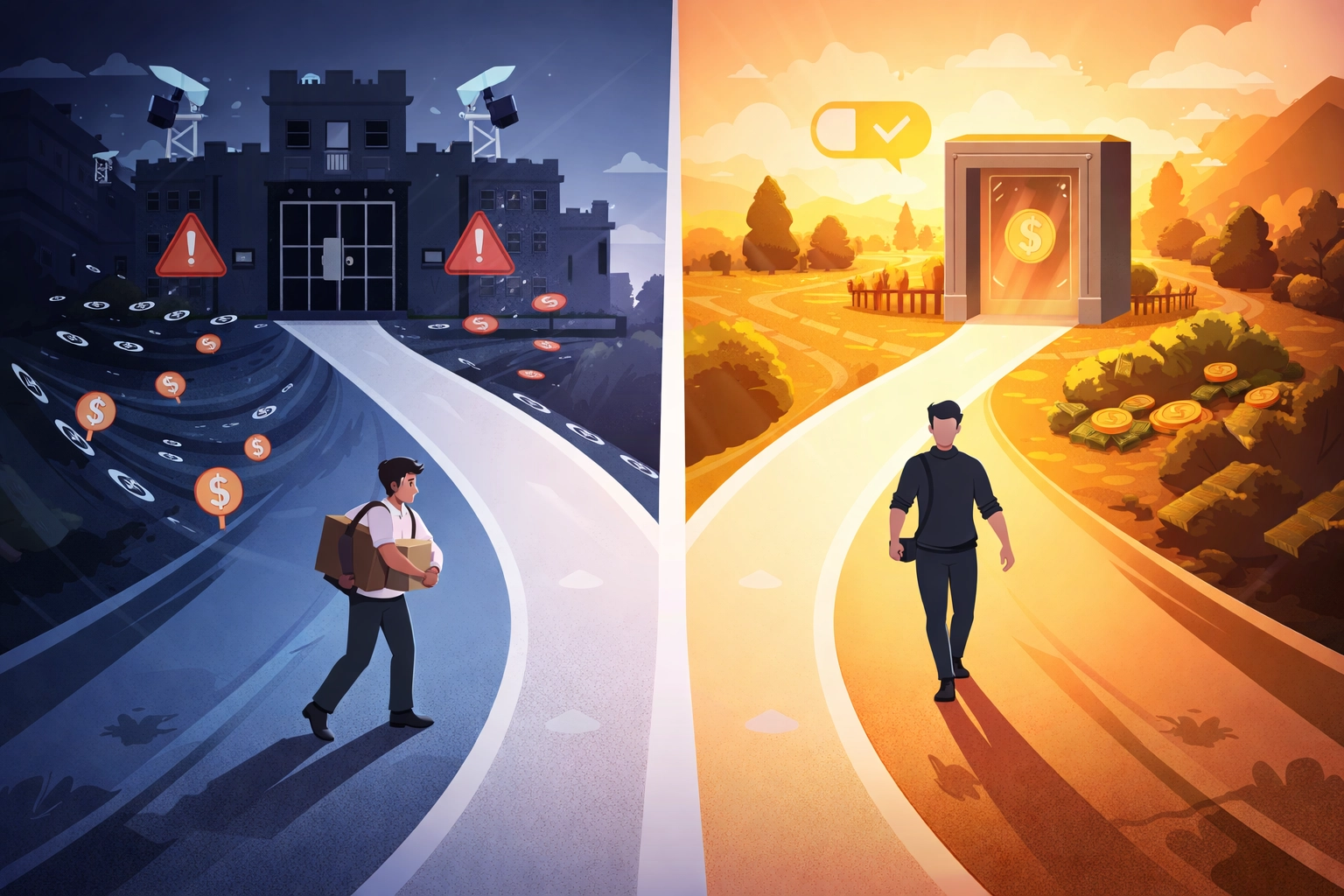 Contrast of a stressed merchant facing custodial risks versus a confident self-custody merchant securing crypto funds