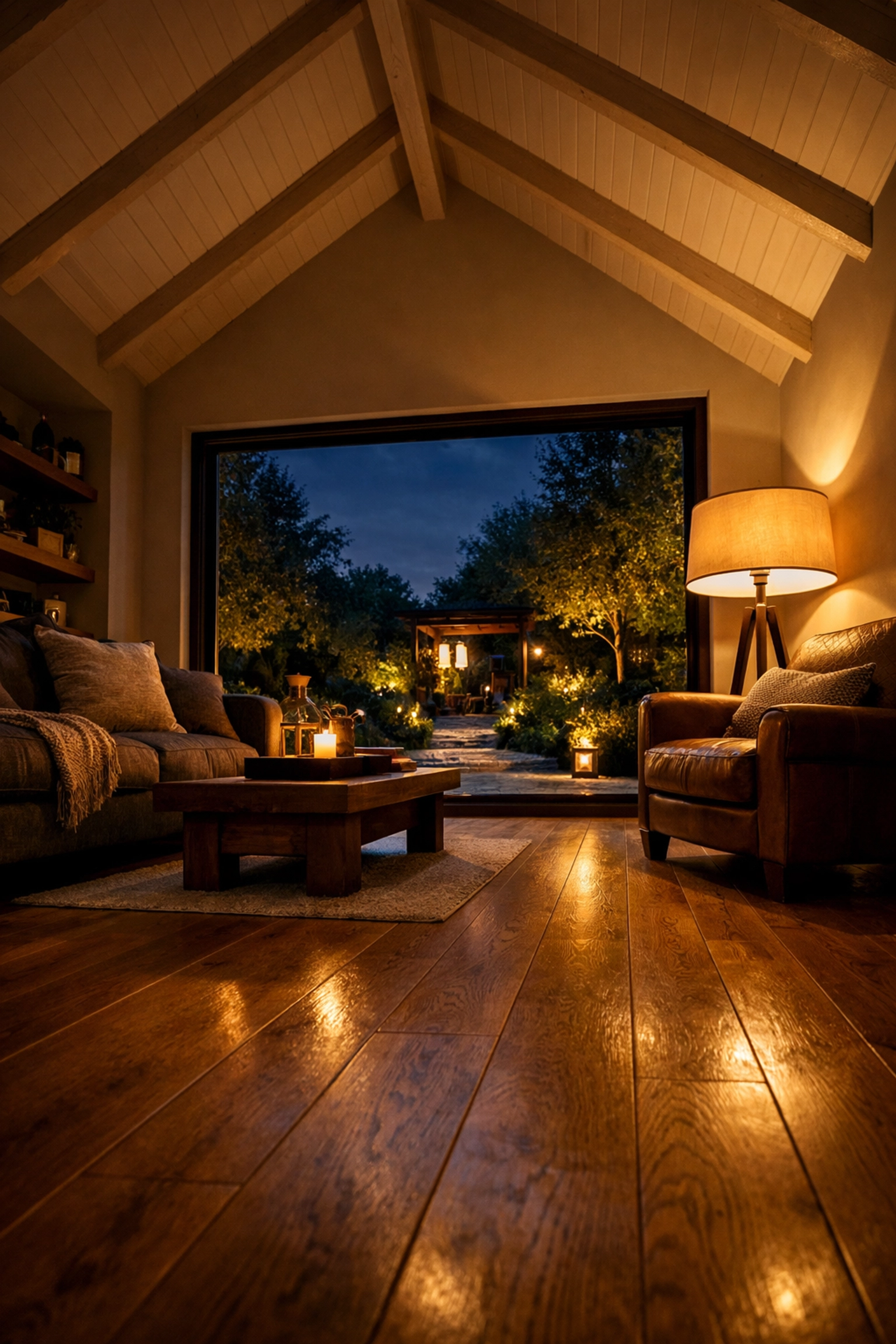 Completed house extension in West Sussex featuring a vaulted ceiling and oak flooring.