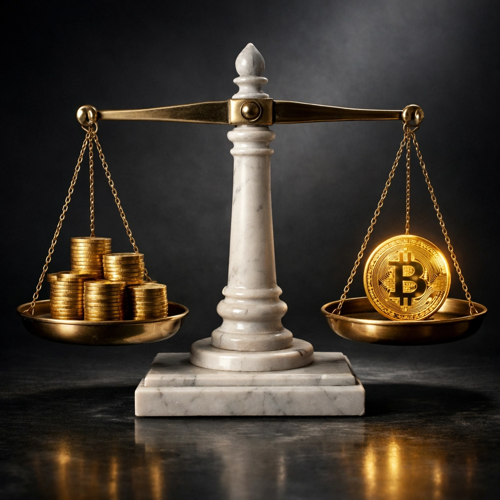 Balanced scale showing strategic Bitcoin allocation alongside traditional gold investments