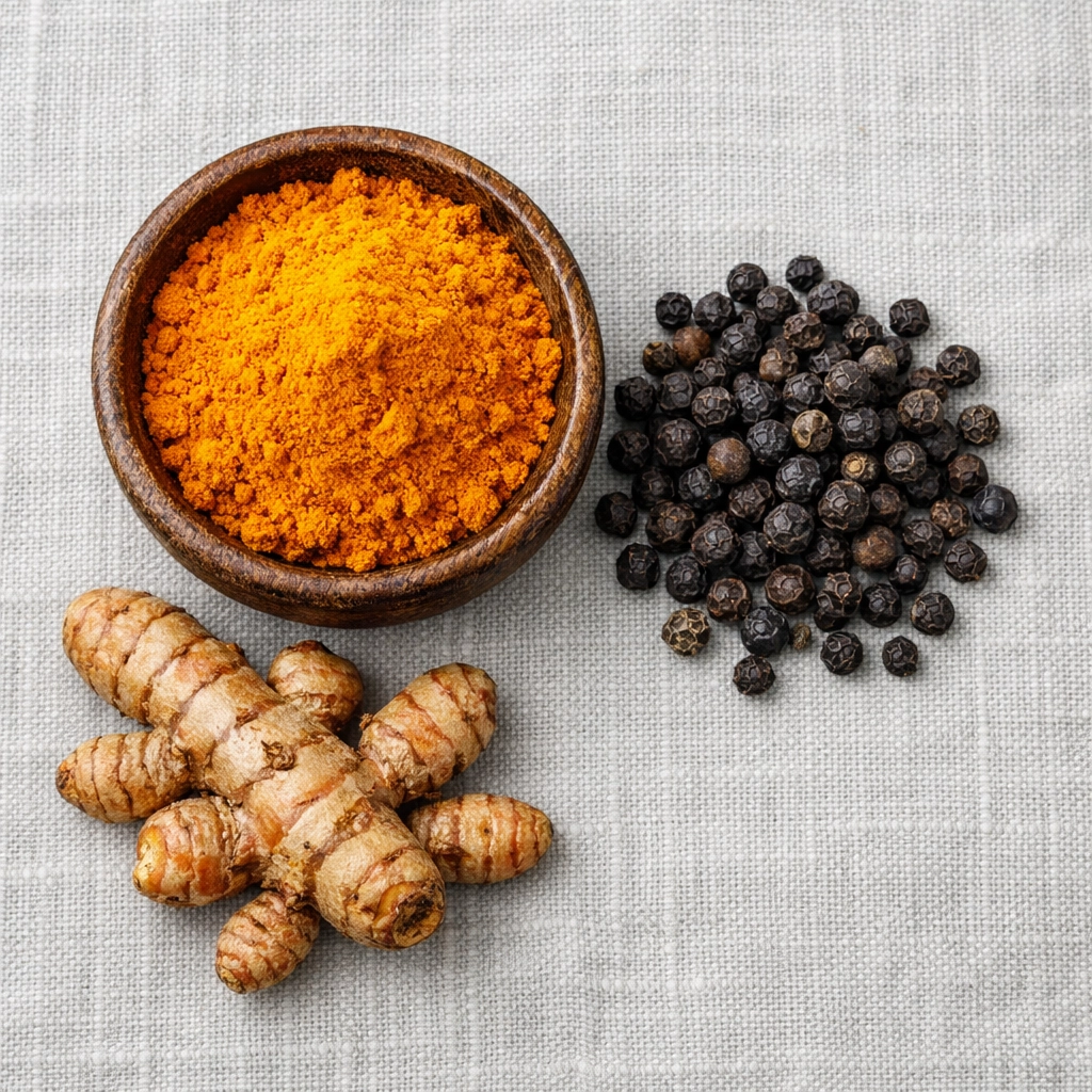 Whole Tellicherry black pepper and turmeric powder, highlighting the health benefits of Kerala spices.