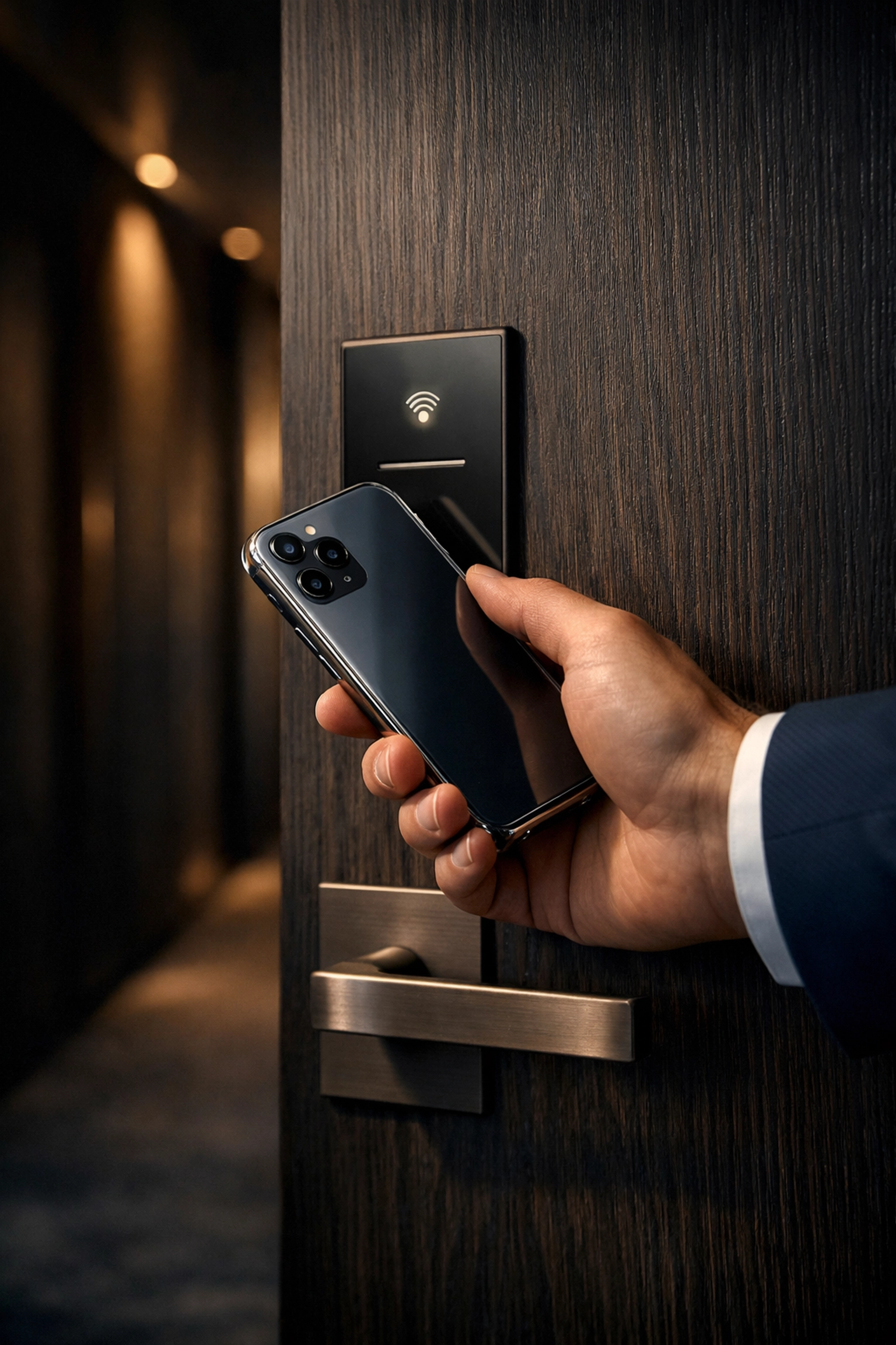 A guest using a digital hotel key on a smartphone for seamless, contactless room access.