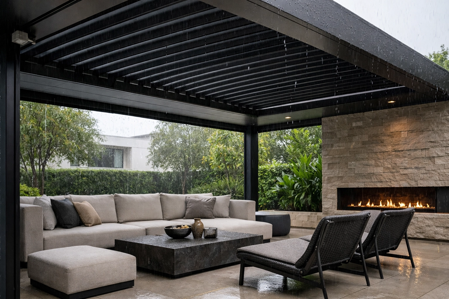 Modern outdoor room beneath a sleek matte black louvre roof during light rain, with the system closing automatically to keep furniture dry.