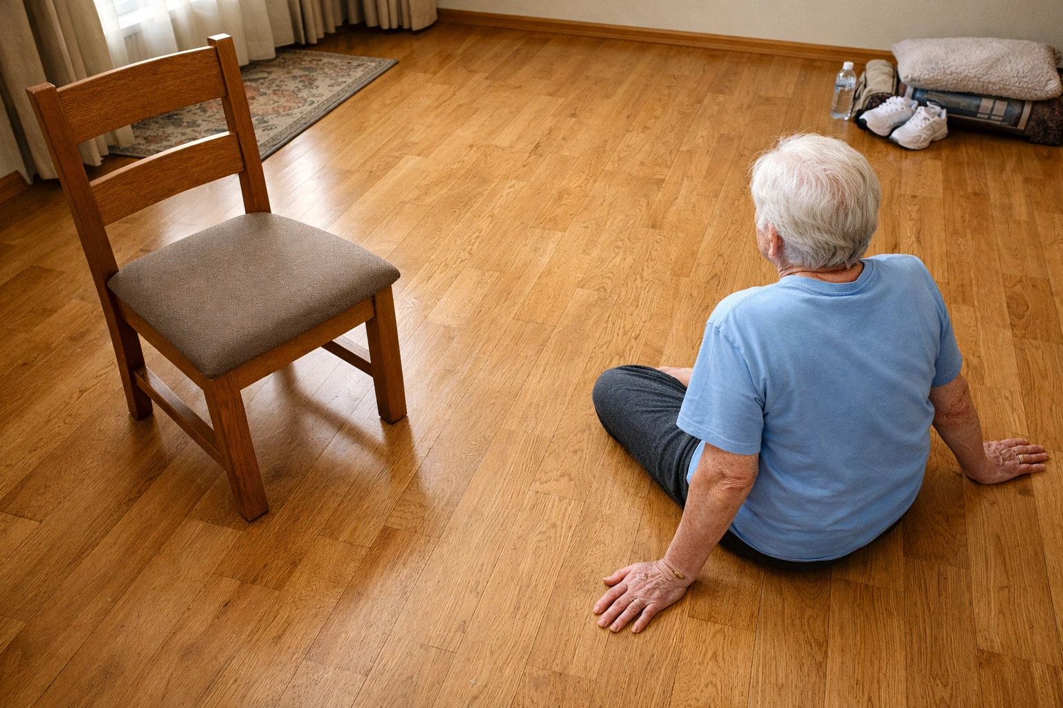 Living room floor cleared and chair positioned for safe fall recovery assistance
