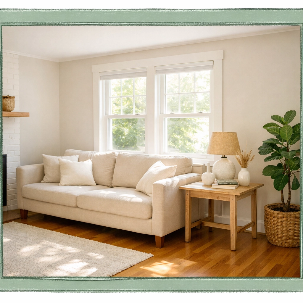 Cozy minimalist living room in Connecticut home perfect for downsizing retirees